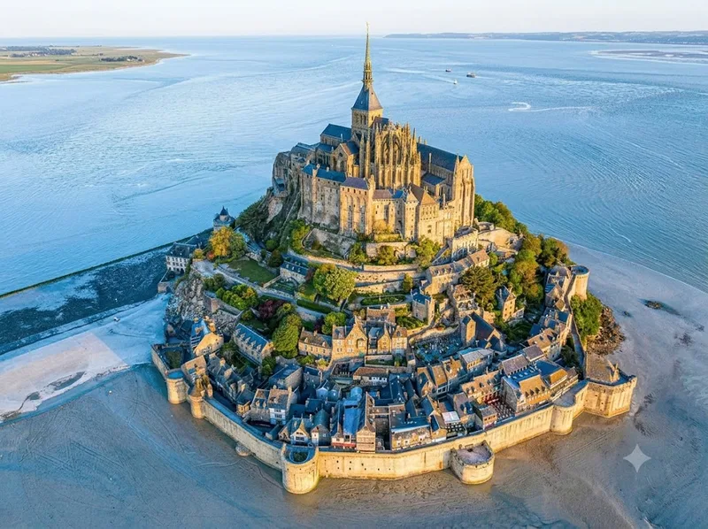 Mont Saint Michel nằm tại vùng Normandy, nổi bật giữa vịnh biển nước Pháp.